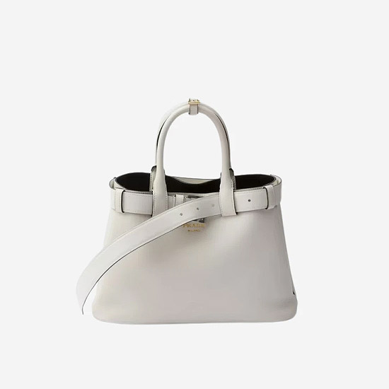 프라다 버클 미디움 레더 핸드백 화이트 블랙 1BA434 - Prada Buckle Medium Leather Handbag with Belt White