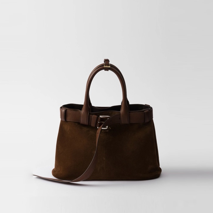 프라다 미디움 프라다 버클 스웨이드 백 벨트 코코아 브라운 1BA434 - Prada Medium Prada Buckle Suede Bag with Belt Cocoa Brown